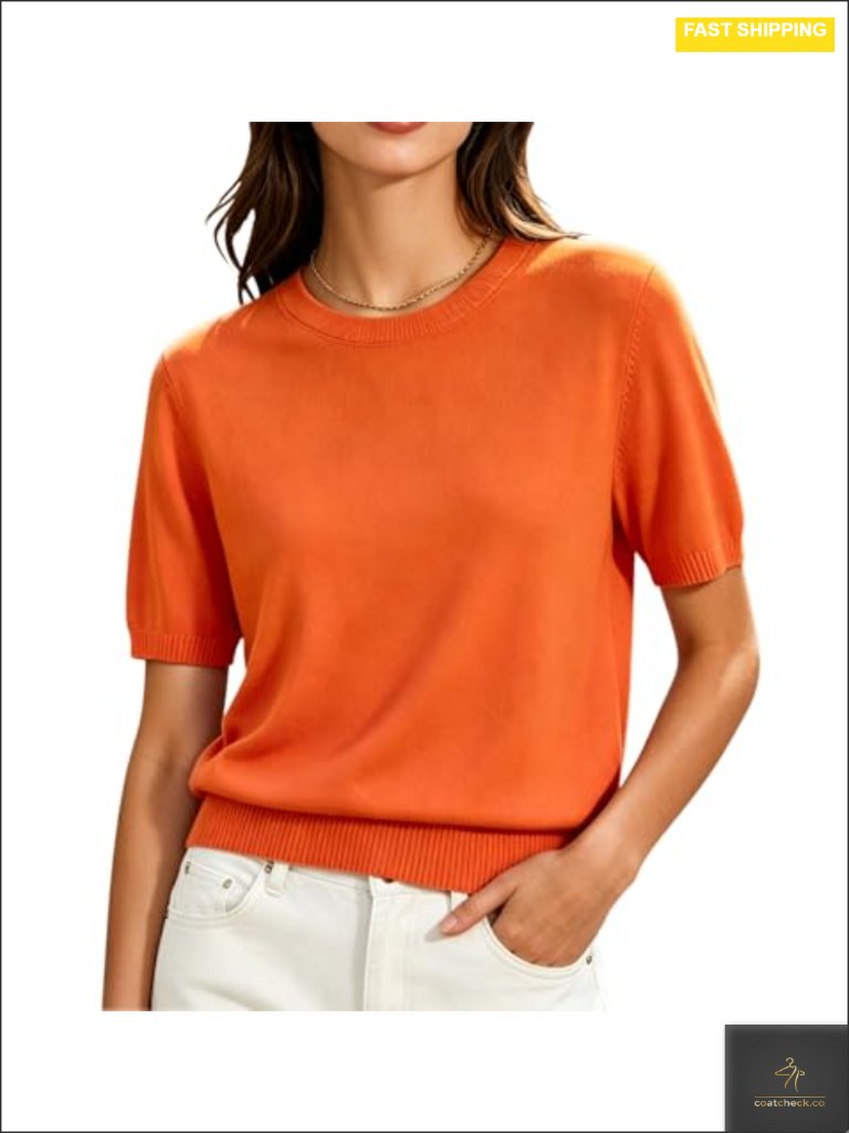 Short Sleeve Sweater Crew Neck Ribbed Hem Lightweight Knit Pullover